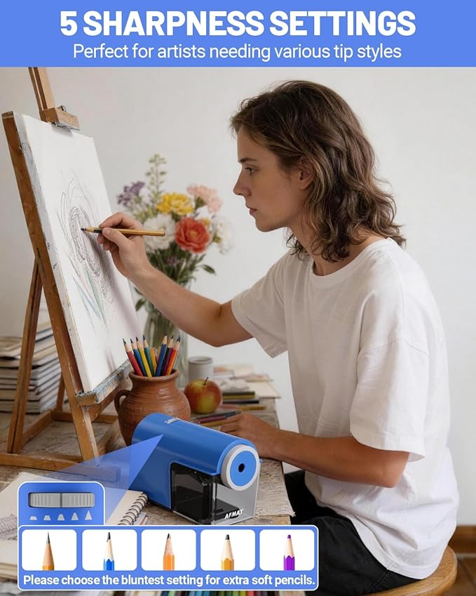 AFMAT Electric Pencil Sharpener, Fully Automatic Pencil Sharpener for 6.5-10.5mm No.2/Jumbo/Colored Pencils, Auto in & Out, 5 Sharpness Modes, 10000+ Sharpenings for Classroom Home Office, PSC5(120V)