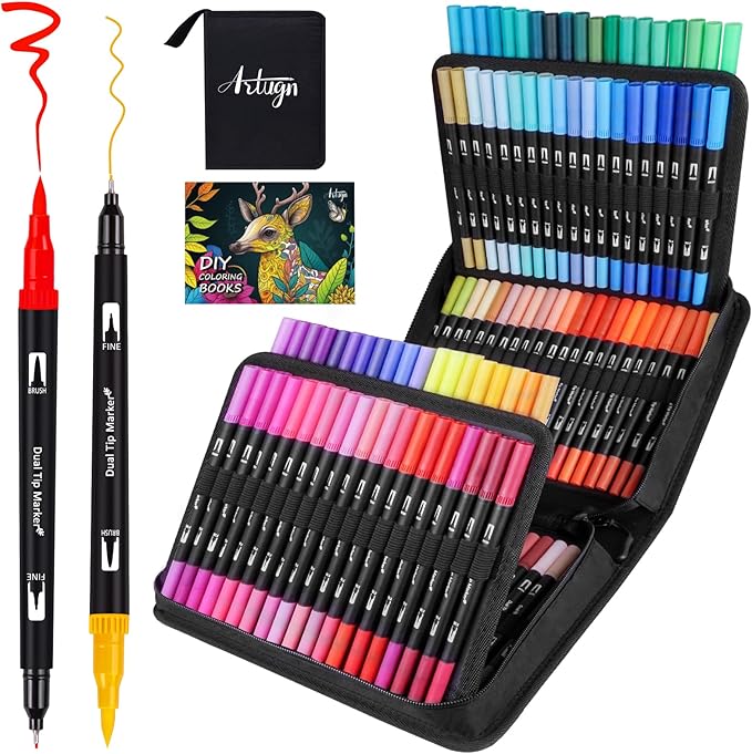 Artugn Dual Markers Brush Pens for Adult Kids Coloring Books,120 Colors Art Marker Set with Fine & Brush Tip Pen for Bullet Journaling, Coloring, Drawing, Hand Lettering, Calligraphy, Art Supplies
