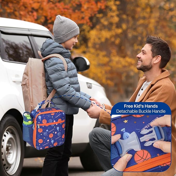 Bagseri Kids Lunch Box for Boys - Insulated Toddler Lunch Bag Fits Bento Box, Reusable Daycare Cooler Tote with Clip Handle, Water-Resistant Lining, Blue Basketball