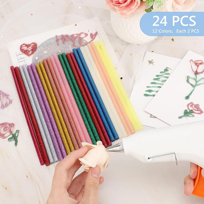 Glitter Color(12 * 2) Hot Glue Sticks, 24PCS Mini Size 0.27" Dia x 8" Long Hot Melt Glue Stick Colored, All Temperature Adhesive EVA Glue Sticks for Repairing Sealing Stamp DIY Art Craft