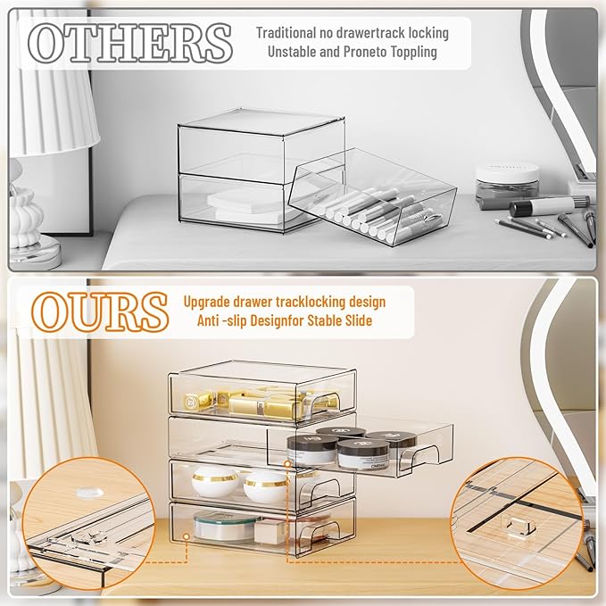 Yieach 2.2'' High Small Clear Stackable Storage Drawers,4 Pack Desk Organization and Storage Bins,Plastic Office Supply Organizer,Acrylic Drawer Storage Organizer for Makeup,Accessory,Pen,Art Crafts