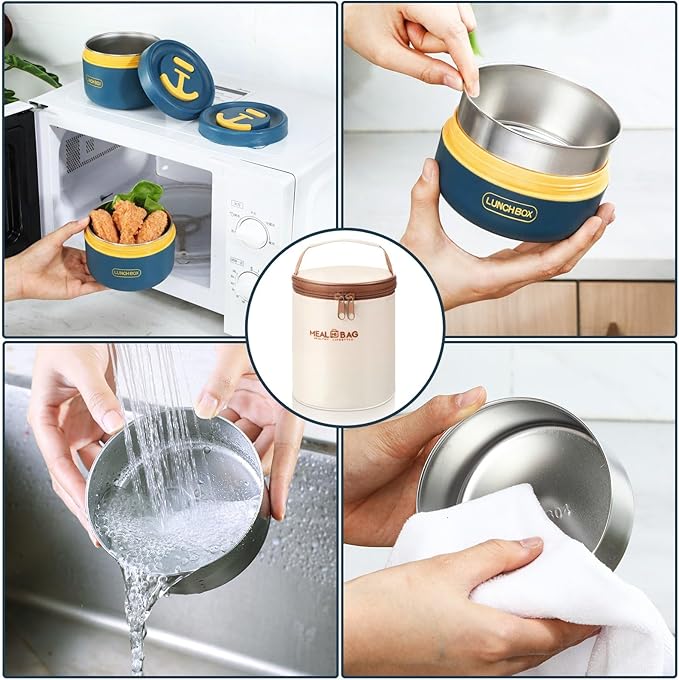 Dandat 2 Pcs Portable Insulated Lunch Containers Thermal Bento Box with Bag Fork Knife Microwavable Stainless Steel Lunch Box 15.2 oz 21 oz Separate Stackable Food Jar for Adult Men Women(Navy Blue)