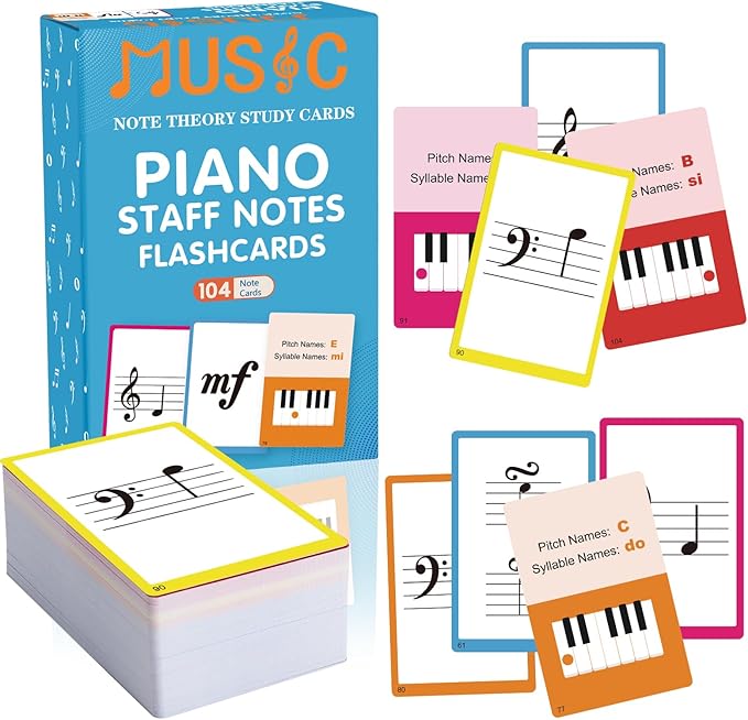 Piano Staff Notes Flashcards, Piano Staff Theory and 104 Sheets Flash Cards, Fun Educational Flashcards for Piano, Music Learners