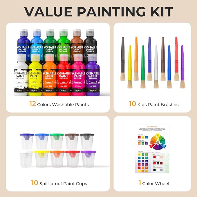 Nicpro 12 Colors Washable Finger Paint Set for Toddlers (2 oz), Non Toxic & Baby Safe Kids Paint with Paint Cups & Toddler Paintbrushes, Mess Free Art Supplies for Children Age 3 4 5 6+, Preschool Learning & Classroom Gifts