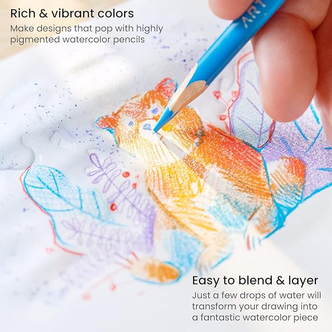 Arteza Watercolor Colored Pencils For Adult Coloring, 72 Colored Pencils in Assorted Shades, Triangular Shape, Drawing Pencils for Coloring Books and Canvas, Watercolor Brush Included, Art Supplies