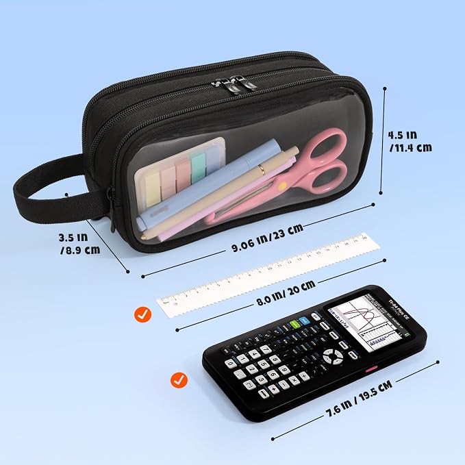 SUNEE Large Capacity Pencil Case with 3 Compartment, Extra Big Pencil Pouch, Pencil Bag with Clear Window, Pen Case School Supplies for Teens Adults Girls Boys, Black