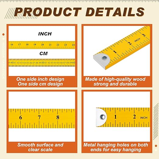 Hoteam 10 Pcs Heavy Duty Wooden Yardstick 36 Inches Natural Wood Yard Stick Ruler with Hang Hole Metal Tips 1/4-inch-thick Yardstick Ruler Metal Ends Meter Stick Clothing Measuring (Yellow)