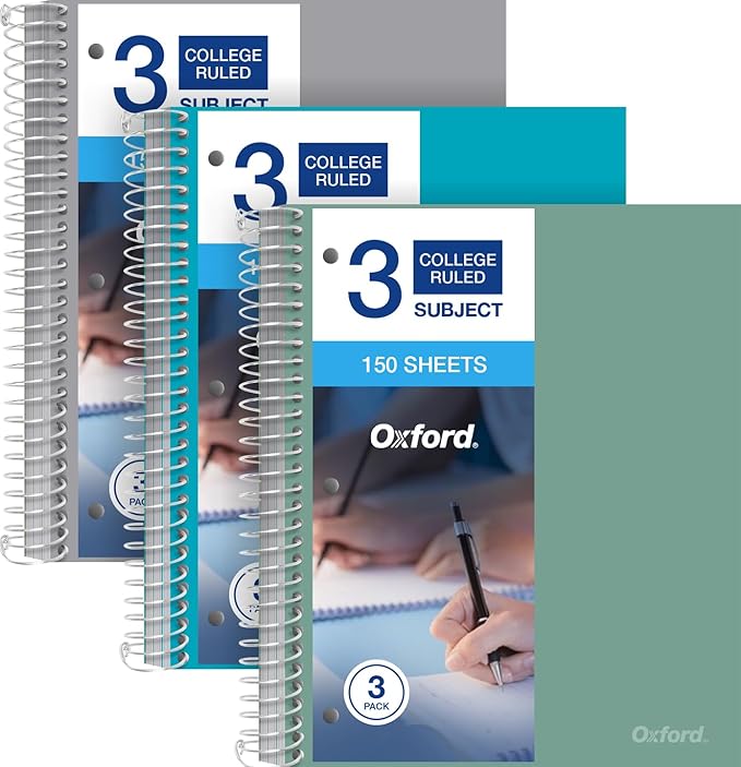 Oxford 3 Subject College Ruled Notebook 8.5x11, Water Resistant Cover, 150 Sheets, Blue Green & Grey, Pack Of 3