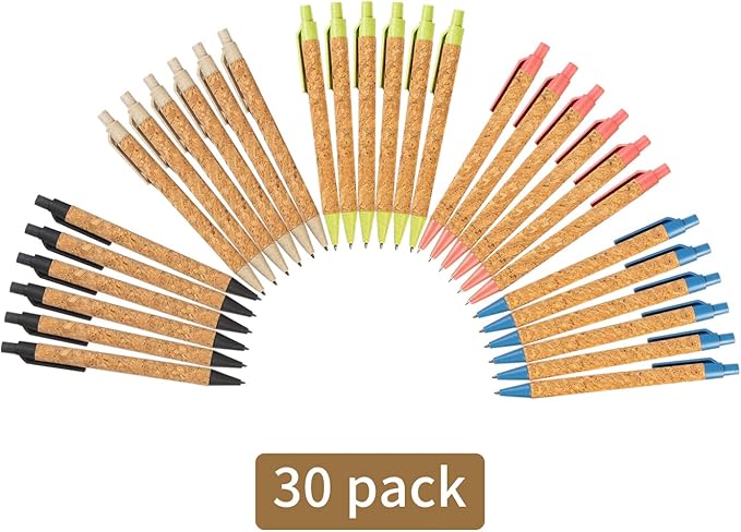 jinfusi Wheat Straw Pens(30 Pack),Eco Friendly Cork and Recycled Ballpoint Writing Black Ink Sustainable Products Set Pens or Journaling