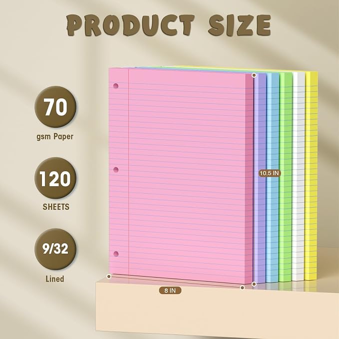 120 Sheets Colored 8x10.5 Inch Loose Leaf Paper, 6 Colored College Ruled 3 Hole Punched Notebook Paper, Color-Coded Note Taking for Students & Teachers, Office & School Supplies，20 Sheets Per Color