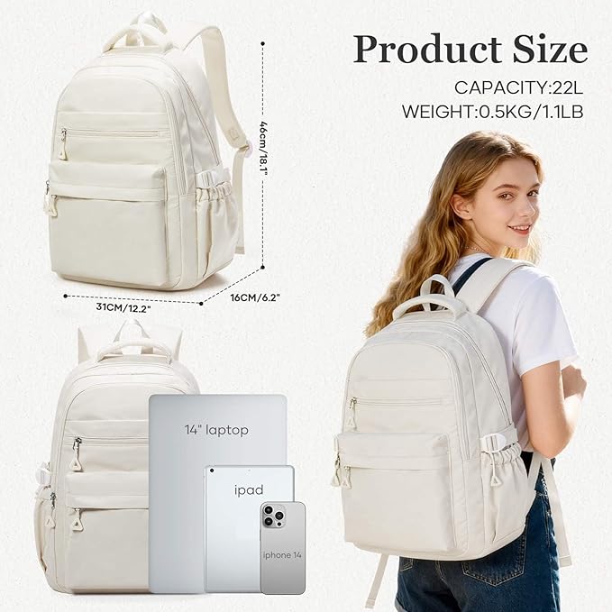 Backpack for College Students Women Men, Aesthetic Backpacks for Middle School, Waterproof Bookbag, Lightweight High School Backpack for Teens Boys Girls(Beige)