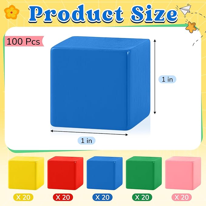 Deekin 100 Pcs Wooden Cube Blocks Bulk 5 Color Geometric Solid Mini 3D Shape 0.7 Inch Math Teaching Building Stacking Block for Classroom Learning Block Creative Play DIY Craft