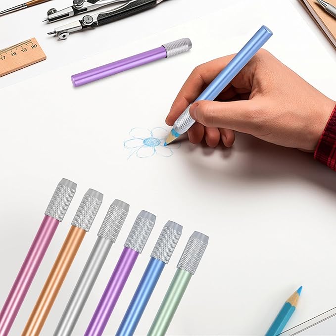 YOUSHARES Aluminum Assorted Colors Pencil Lengthener – Pencil Extender Holder for Colored Pencils in Regular Size (6 Pcs)