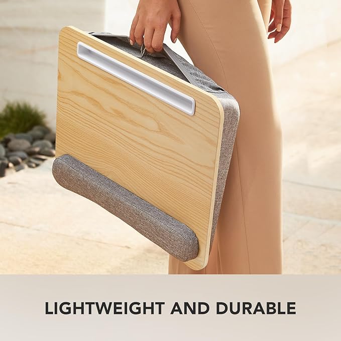 HUANUO Laptop Lap Desk - Portable Lap Desk with Pillow Cushion, Fits up to 15.6 inch Laptop, with Anti-Slip Strip & Storage Function for Home Office Students Use as Computer Laptop Stand - Light Wood