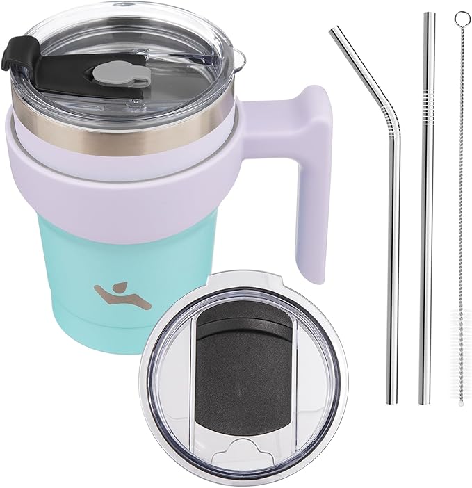 Konokyo 10 oz Tumbler with Handle and 2 Straw 2 Lid, Insulated Water Bottle Stainless Steel Vacuum Cup Reusable Travel Mug, Lavender Green