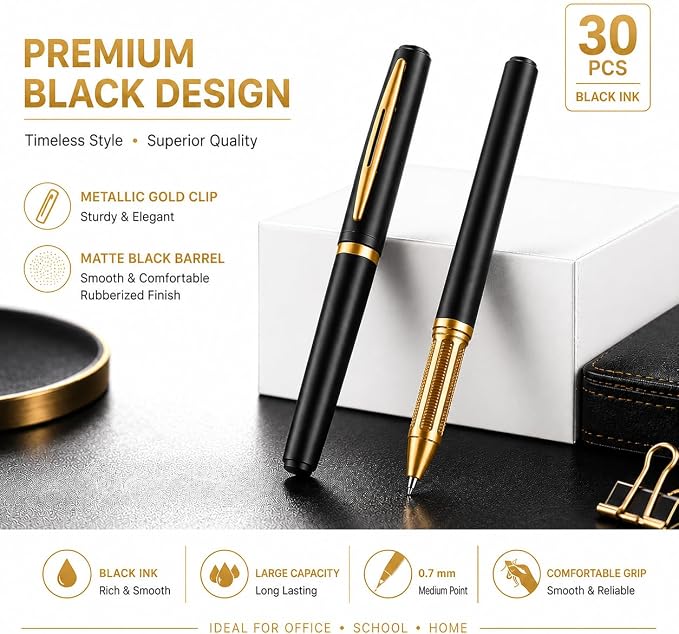 30ct Black Gel Pens 0.7mm Medium Point Smooth Writing Bulk Set | Premium smooth writing, quick-dry smudge-resistant black ink, ergonomic grip, 30-pack for school, office and notes