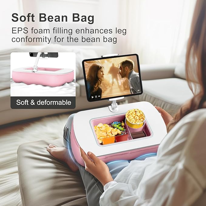 ERGONOV Tablet Pillow Stand for Lap Use with Snack Bowl and 360° Rotating Arm, Adjustable iPad Holder for Bed, Couch, and Recliner, Compatible with 4.7"-13" Kindle, iPad, Tablet, Phone,Pink