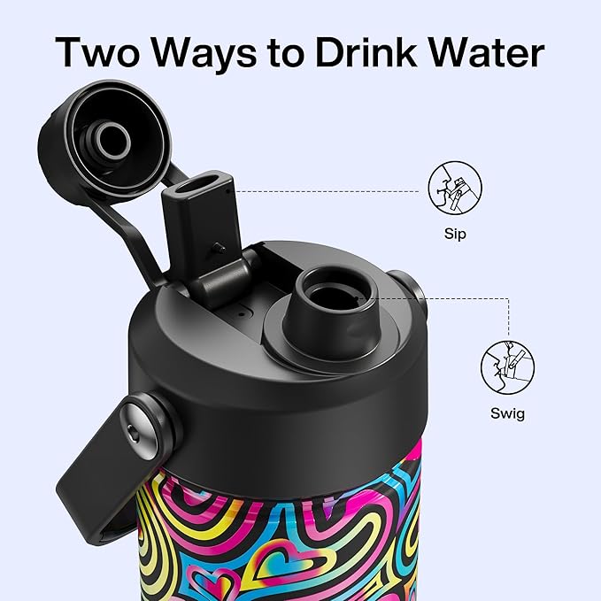 ENCOOL Insulated Water Bottle with Straw Stainless Steel Water Bottle, Leak-Proof, BPA-Free, Double Wall Vacuum Keeps Cold for 24 Hours for Sports, Travel, School (26 oz, Heart Swirl Black)