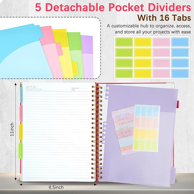 Hardcover Spiral Notebooks for Work 8.5''x 11'', 300 Pages 5 Subject Notebook with Dividers & Tabs, A4 Spiral Journal for Women, College Ruled Notebooks for School Note-Taking (Rose Red)