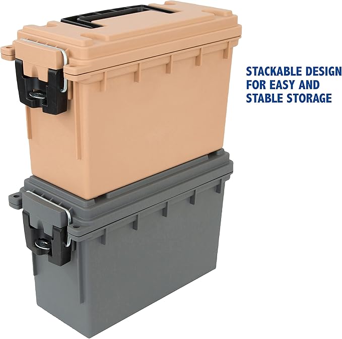 Sheffield 12627 Ammo Storage Box, Stackable .30 Cal Field Boxes, Water and Dust Resistant, Lockable Storage Box with Handle, Secures Hunting Gear, Supplies, and Bullets, Made in USA, Tan, (Pack of 6)