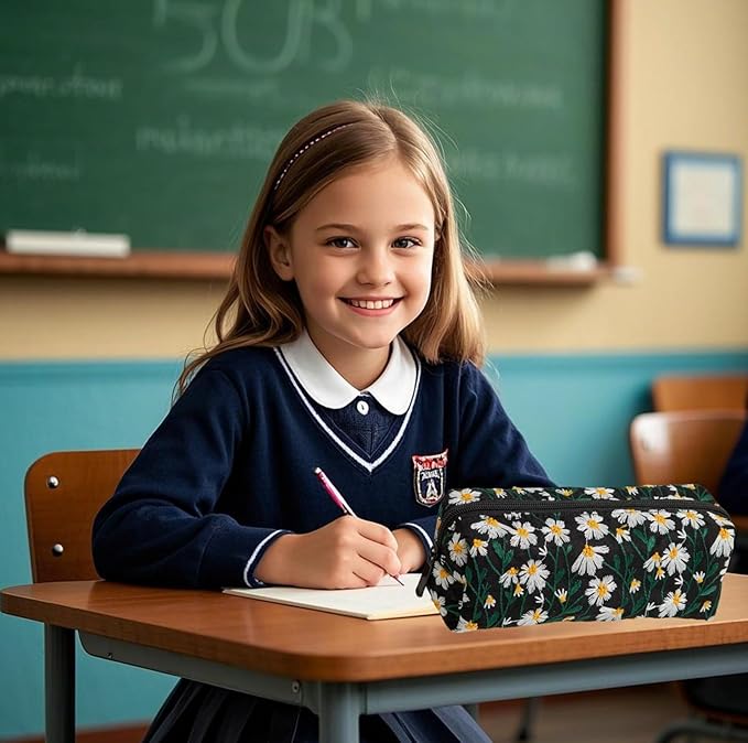 Carry bloom Pencil Pouch Cute Pencil Case for Girls Aesthetic Pencil Bag with Zipper Pen Cases School Supplies Makeup Bag (5 floral daisy)