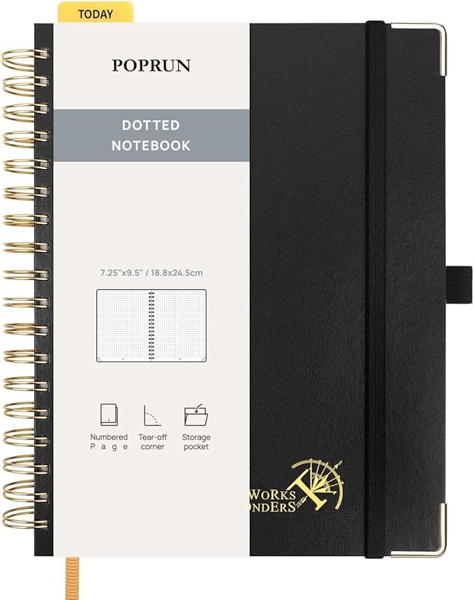 POPRUN Dotted Journal Spiral Notebook, B5-7-1/4 x 9-1/2", 220 Pages, 120 GSM Dot Grid Notebooks, Hardcover Spiral Journals for Writing Journaling Drawing Women Men Work School, Black