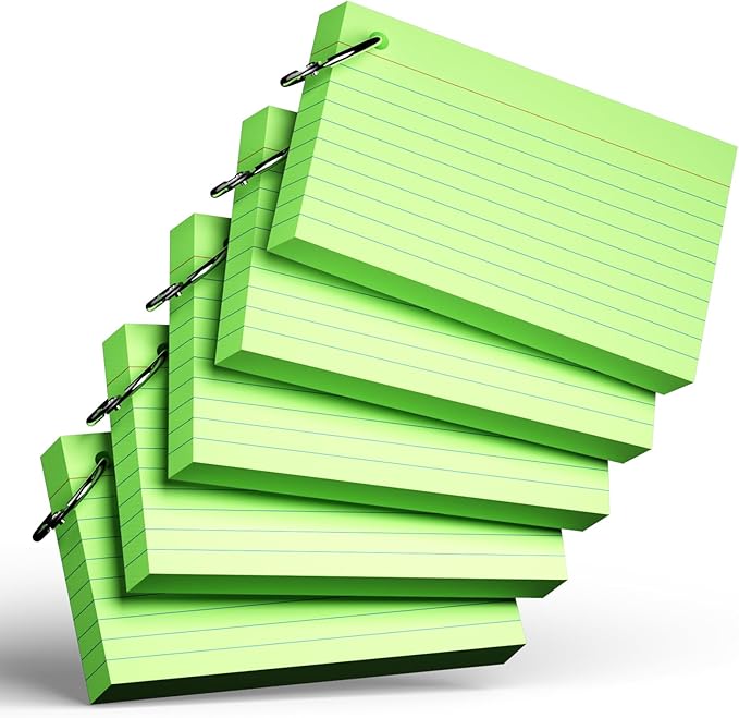 250 Count Green Index Cards with Ring 3 x 5 Inch Heavyweight Ruled Index Cards, Flash Cards for School & Office Supplies and Home Organization, Durable Study To Do List Note Cards with Ruled Lines