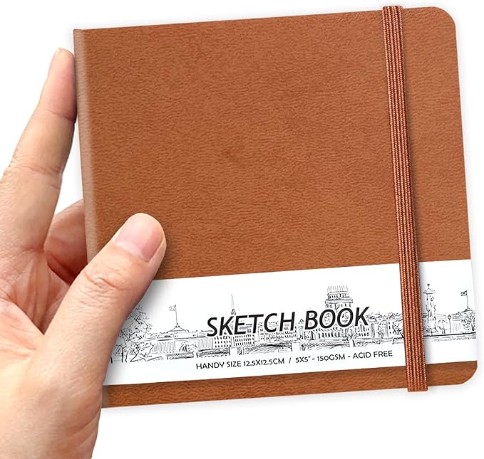 5" x 5" Hardcover Sketch Book,Small Mixed Media Sketch Pad,58 Sheets 150GSM Acid-Free Artist Drawing Paper,Travel Journal Blank Notebook for Adults Painting,Illustration,Art Supplies.Light Brown