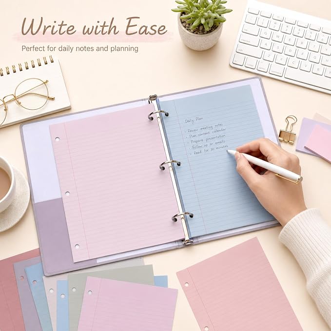 gisgfim 100 Sheets 3 Hole Punched Lined Refill Paper 8 x 10.5 Inch Loose Leaf Paper 3-Ring Binders College Ruled Notebooks Planner Inserts Thicken for Writing School Office Home Supplies(Taro)