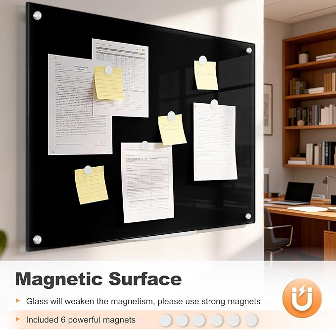 Black Dry Erase Board, 24" x 18" Magnetic Large Black Glass Board Frameless Wall Mounted Glass Whiteboard for Office, School & Home with 1 Acrylic Marker Tray & 3 Strong Magnets