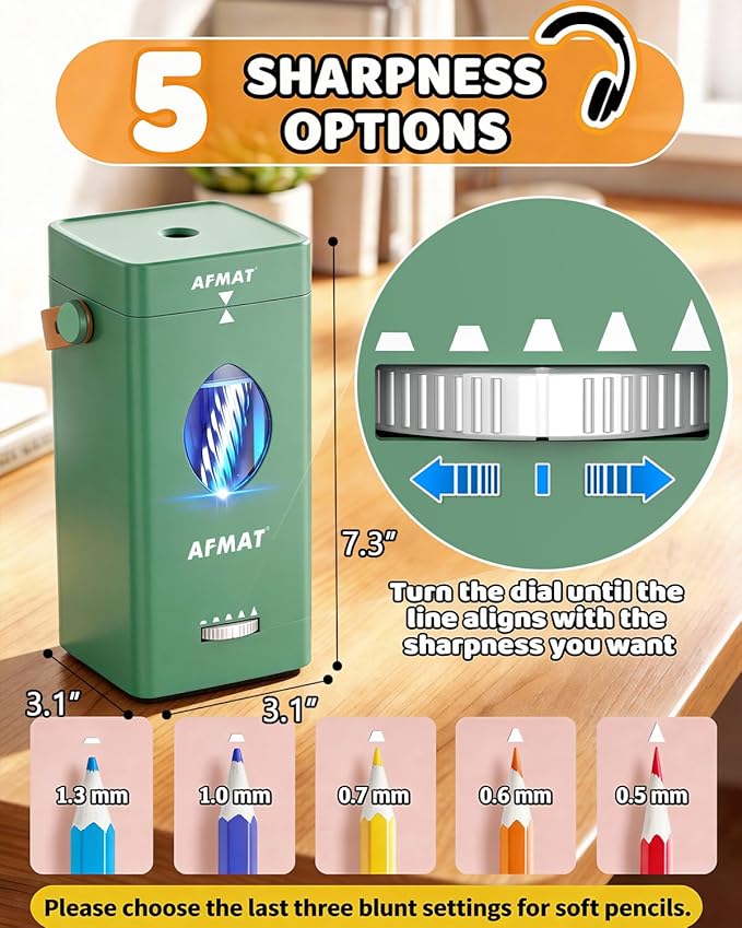 AFMAT Electric Pencil Sharpener, Rechargeable & Cordless, Fully Automatic Pencil Sharpener for Classroom, Auto in & Out, 5 Sharpness Modes, Heavy Duty Sharpeners for 6-12mm No.2/Jumbo Pencils PSC7