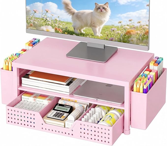 OPNICE Desk Organizers and Accessories, 2-Tier Computer Monitor Stand Riser with Drawer and 2 Pen Holders, Laptop Stand, Office Desk Accessories for Office Supplies, Pink
