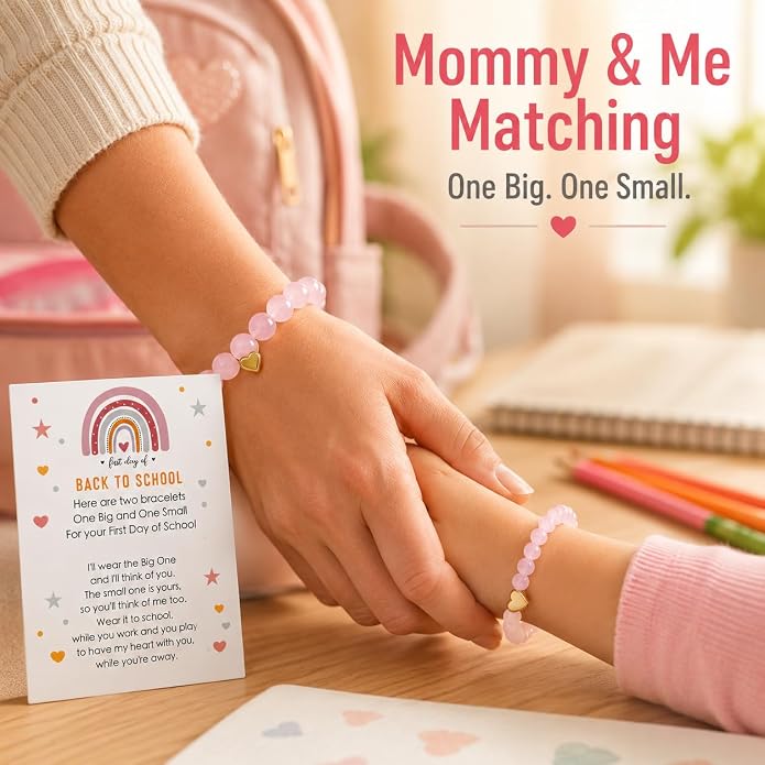 Back to School Bracelets Heart Matching Mommy and Me Elastic Wish Strings Bead Bracelets First Day of School Supplies Gifts
