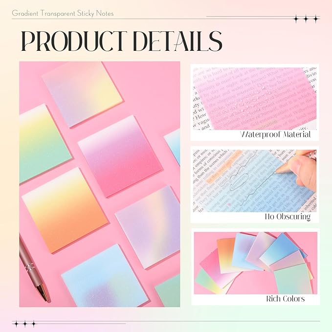 Fullhawl 400 Sheets Gradient Transparent Sticky Notes 3 x 3 Inch Clear Pastel Aesthetic Self-Adhesive Sticky Notes for Annotating Bible Journaling Office College Supplies, 8 Pads