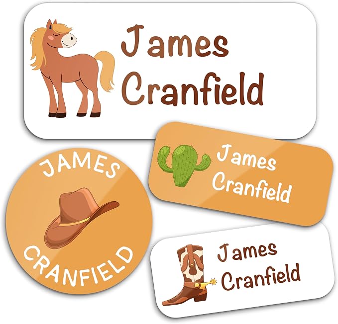 Personalized Waterproof Name Labels for Kids | Optional Packs 50, 150, 230 Labels | Custom Name Stickers for Kids' Clothing Tag, Water Bottle, Lunch Box, Customize Kid Name Label for Daycare Cowboy