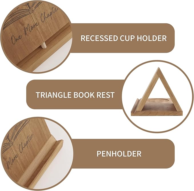 LITIVY Wooden Triangle Bookmark, Small Bookshelf with Drink Holder, Wood Book Reading Rest with Slotted, Book Corner Display Triangle Book Holder (Brown)
