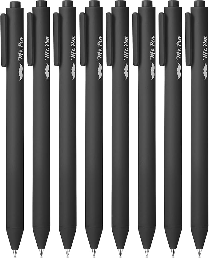 Mr. Pen- Retractable Gel Pens, 8 Pack, Black Ink, Black Barrels, Fine Point 0.5 mm, Fast Dry, Smooth Writing, Cute Pens for Drawing, Writing Planner and School Supplies