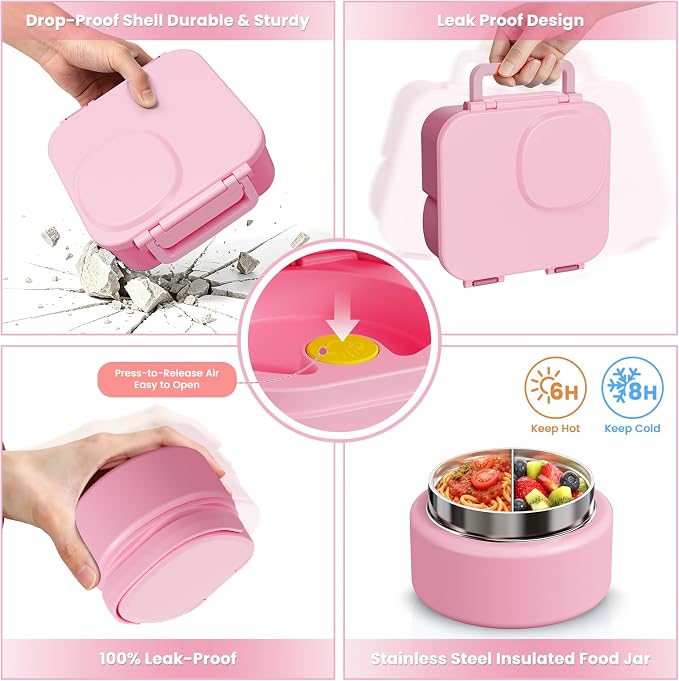 wiwens Kids Bento Lunch Box with Soup Thermo Food Lunch Container for Kid | 4 Compartment Leak-Proof Kids Lunch Box,9oz Stainless Steel Insulated Hot Food Jar,for Boys Girls Toddler to School Travel