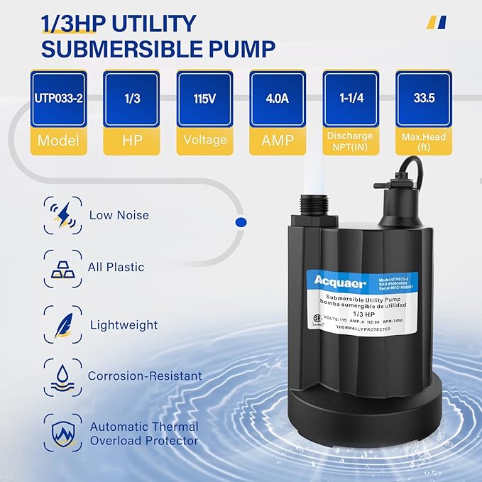 1/3 HP Submersible Water Pump 2160GPH Sump Pump Thermoplastic Utility Pump Portable Electric Water Pump Water Remove for Basement Hot Tubs Garden Pool Cover Draining with 10 ft Cord | Thermoplastic Utility Pump Electric Water Pump Water Remove for Base...