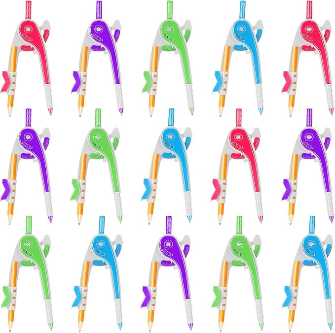 Zonon 15 Pcs Math Geometry Compasses Classroom Set, Bulk Bright Colored Plastic Drawing Compass with Pencils and Safe Tip, Back to School Teacher Supplies for Kids Basic Drafting