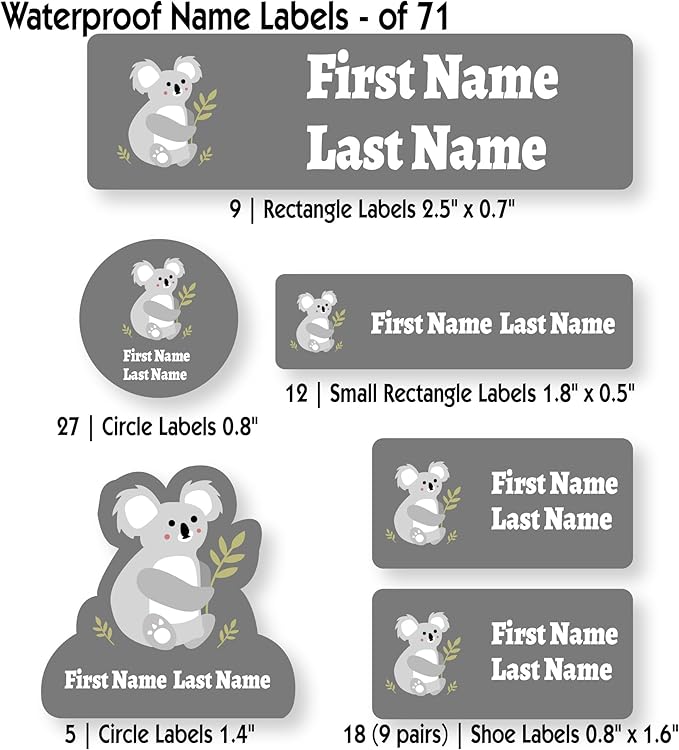 Personalized Kids Name Labels – Waterproof Custom Stickers for Daycare & School, Dishwasher & Laundry Safe (Koala - Grey)