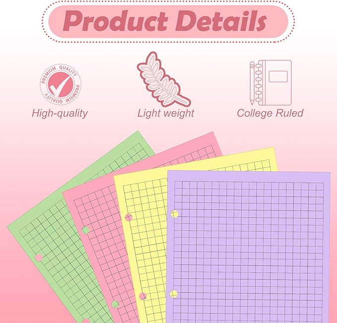 100 sheet Half Letter Graph Paper Refill 3 Hole Punch 5-1/2 x 8-1/2 College Ruled Grid Paper Pad Math Graph Paper Pad Colored Mini Binder Paper Planner Inserts Fits 3 Ring Binders For Office