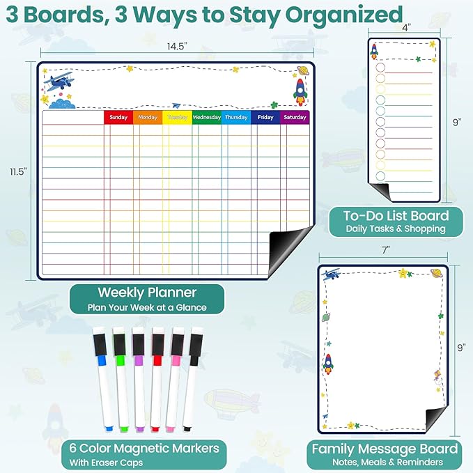 Magnetic Dry Erase Family Chore Chart for Kids and Adults, 3-Pack Weekly Planner, to-Do List & Memo Board, Stay Organized with Strong Magnet Chore Board & 6 Fine Tip Markers