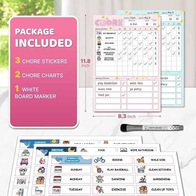 Magnetic Kids Chore Chart for 2 Kids Blue & Pink, Dry Erase Routine Chart for Kid Toddlers Teens Adult with Marker & Chore Stickers, Behavior Responsibility Chart for Kid at Home