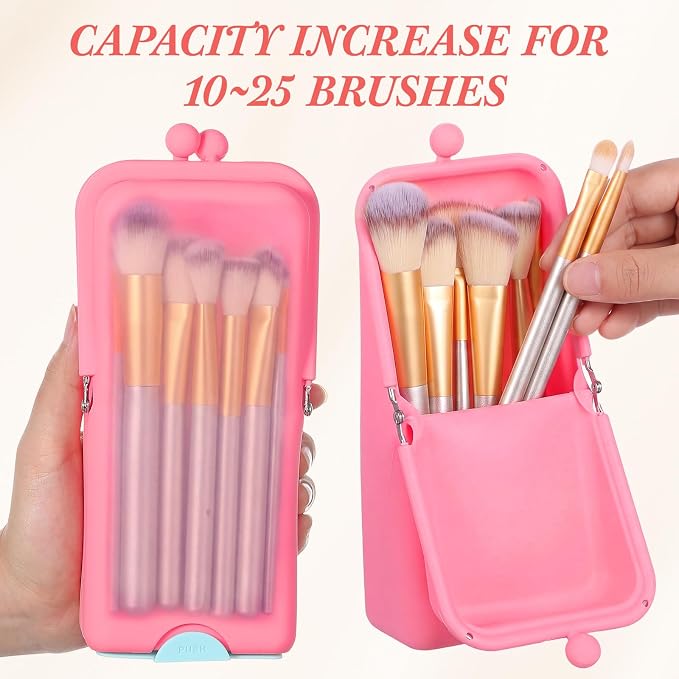 Kacctyen Makeup Brush Case Silicone Standing Makeup Brush Holder,Pink | Silicone Make up Travel Bag with Suction Portable Cosmetic Organizer Phone Stand Pouch for Travel Home Back to School Use