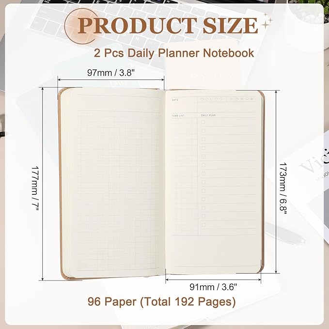 PATIKIL 2Pcs Planner Notebook, 7 x 3.8" 96 Sheets Undated Daily Planner Pocket to Do List Daily Weekly Goals Notebook for Office Home Study Work Time Management Habit Tracker, Brown