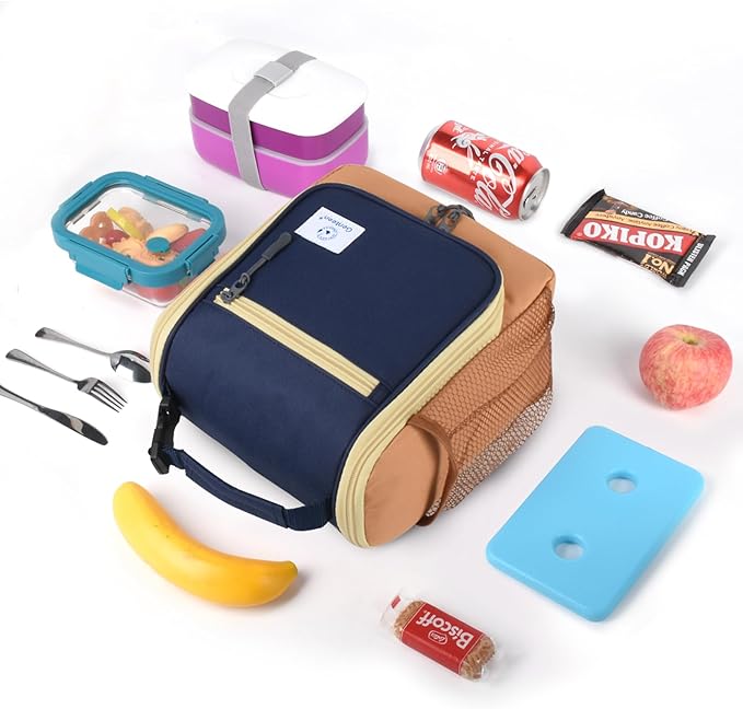 Genteen Kids Lunch Box, Insulated Lunch Bag for Kids, Toddler, Girl, and Boy; Holds Lunch Box, Water Bottle, & Snacks; Easy-Clean Water-Resistant Fabric & Multiple Zippered Pockets (Orange Blue)
