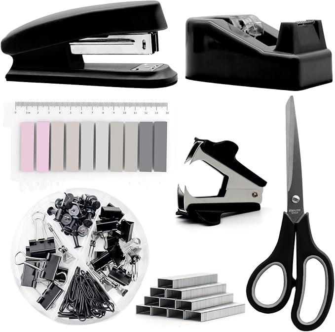 OfficeMate Stapler & Tape Dispenser Set - Black Desk Accessory Kit, Gift for Students, Women, Coworkers, Boss Lady, Office Clerks