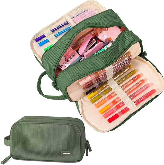 Cute Pencil Case Pouch Big Pencil bag For Girls boy kids College | Soft Corduroy Large Capacity 3 Compartment,Aesthetic Pen Case Pouch Crayon Marker Bag with Handle For School Art(Dark Green)