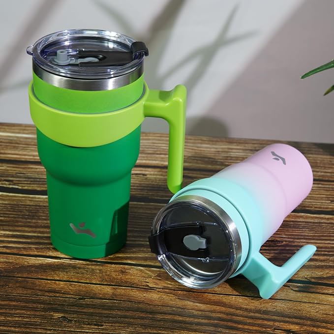 Konokyo 20 oz Tumbler with Handle and 2 Straw 2 Lid, Insulated Water Bottle Stainless Steel Vacuum Cup Reusable Travel Mug,Matcha Green